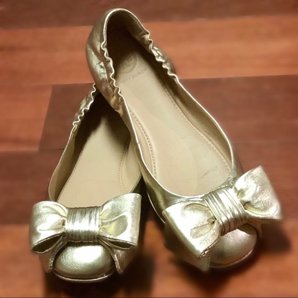 ♥️Tory Burch Spark Gold Metallic Divine Bow Ballet Driver Driving Flats Slippers